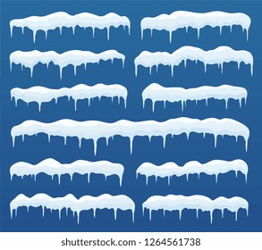 Snow caps, ice icicles. Elements winter decor, frozen ice texture, snowy frame decoration on blue background.