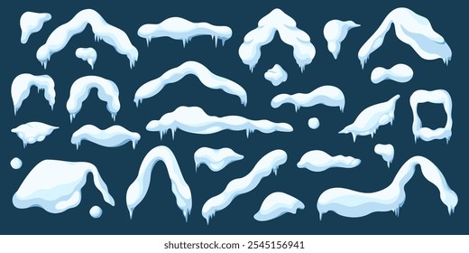 Gorras de nieve y carámbanos goteando con objetos vectoriales de color plano derritiéndose establecidos. Paquete de ilustraciones de la escena del país de las maravillas del invierno sobre fondo azul