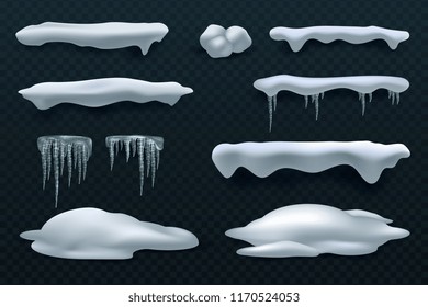 Snow caps and icicles. Snowball and snowdrift vector winter decorations isolated. Frost ice and snow white, frozen snowball effect design illustration