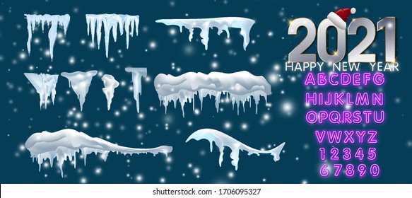 Snow caps and icicles. Snowball and snowdrift vector 2021 winter decorations isolated. Frost ice and snow white, frozen snowball effect design illustration