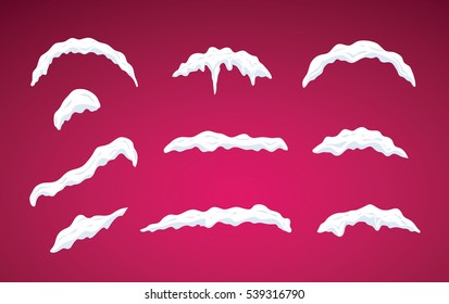 Snow caps lying on menu bar and buttons collection. New year decoration set for website. Snowflakes and icicles on pink winter background. Snow clouds