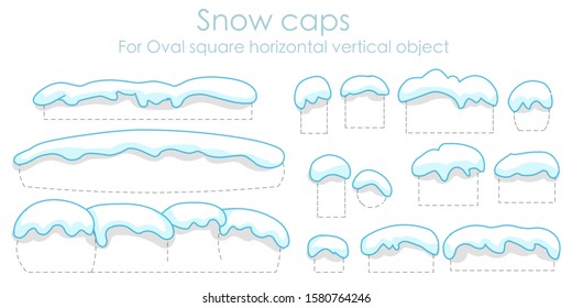 Snow caps on white background. Set isolated. icicles. For text, font, home, oval, square, convex. Outline, smooth. Shadowy cartoon editable snowy elements for  winter, xmas. Silhouette back. Vector