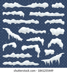 Capas de nieve, pila, músculos, aislados en el fondo, transparentes, hielo, bola de nieve y deriva de nieve. Elementos nevados al estilo de las caricaturas sobre el fondo invernal.