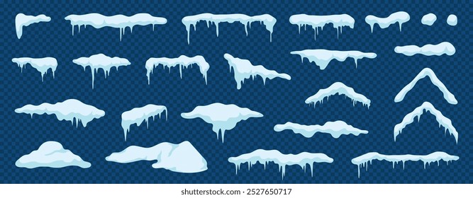 Snow caps, pile, icicles, snowy ice. Winter decoration element, snowy elements, cartoon template.