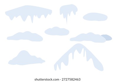 Conjunto de gorras de nieve, carámbanos, bolas de nieve y ventisqueros aislados