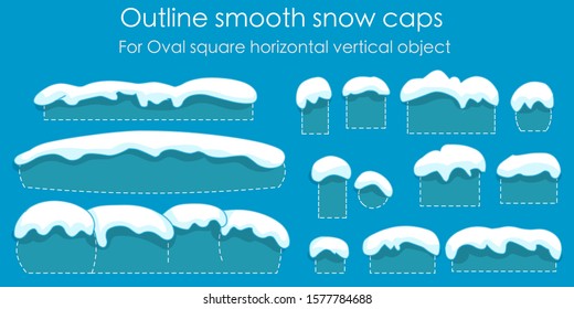 Snow caps set, isolated. Outline, smooth. Snow icicles. For text, font, home, oval, square, convex. Snowballs snowdrifts cartoon snowy elements for winter noel Silhouette back. Blue background. vector