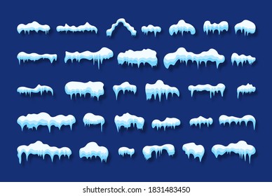 Snow caps set on blue background. Snowdrifts and icicles, ice cap winter decoration. Snowfall with snowflakes. Winter season. Vector illustration.