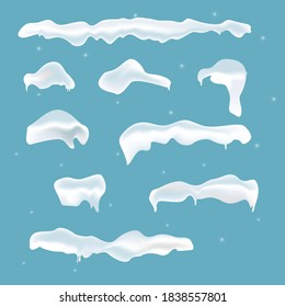 Snow caps set on blue background. Snowdrifts and icicles, ice cap winter decoration. Snowfall with snowflakes. Winter season. Vector illustration.