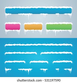 Snow caps set on site menu bar and buttons. New year decoration kit for website. Snowflakes and icicles