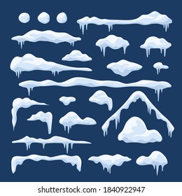 Snow caps set. Snowdrifts, snowballs, snow roof,icicles collection in cartoon style. Winter snowy elements for decoration, frames or sale labels. Frozen objects on blue background, vector illustration