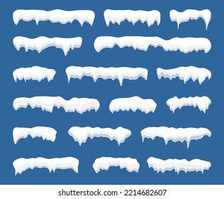 Snow caps set. White snow caps, snowball, snowdrifts, snow pile and icicles. Snowy elements on winter background. Winter elements decorations. Christmas elements. Vector illustration.