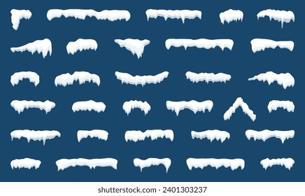 Snow caps set. White snow caps, snowball, snowdrifts, snow pile and icicles. Snowy elements on winter background. Winter elements decorations. Christmas elements. Vector illustration.