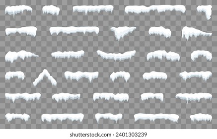 Snow caps set. White snow caps, snowball, snowdrifts, snow pile and icicles. Snowy elements on winter background. Winter elements decorations. Christmas elements. Vector illustration.