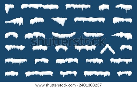 Snow caps set. White snow caps, snowball, snowdrifts, snow pile and icicles. Snowy elements on winter background. Winter elements decorations. Christmas elements. Vector illustration.