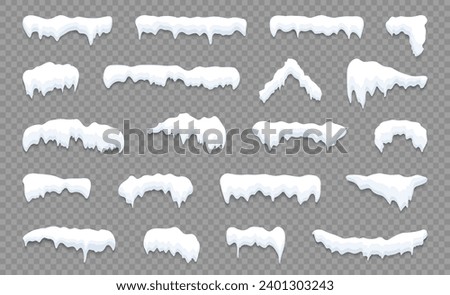 Snow caps set. White snow caps, snowball, snowdrifts, snow pile and icicles. Snowy elements on winter background. Winter elements decorations. Christmas elements. Vector illustration.