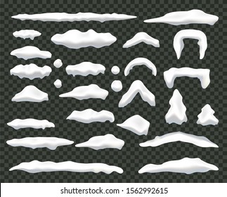 Snow caps set. Winter house decoration. Design elements isolated on dark background. White snowdrifts in realistic style. Frozen effect. Vector illustration