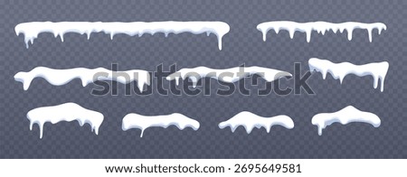 Snow caps set. Winter icicle decoration. Frosty border frame isolated