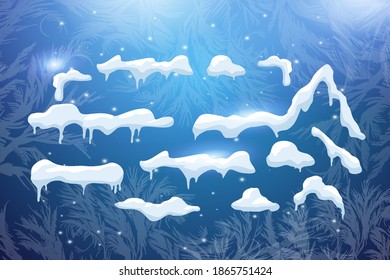 Snow caps, snowballs and snow drifts are installed. Element of winter decor. Vector illustration on a winter background with patterns.
