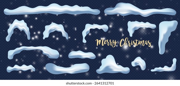 Snow caps. Snowballs and snow drifts are winter decorations, snow elements. There is a Christmas cartoon vector isolated set on the roof or banner.