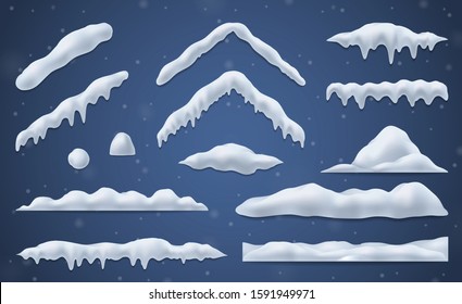 Snow caps and snowballs realistic set on blue background isolated vector illustration