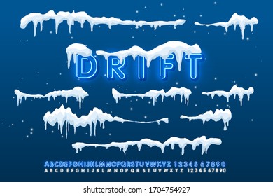 Snow caps, snowballs and snowdrifts are installed. Element of winter decor for design of banners, leaflets, postcards . Vector illustration with neon alphabet style.