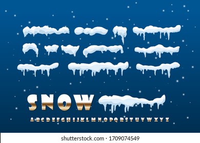 Snow caps, snowballs and snowdrifts are installed. Element of the winter decor. Vector illustration with Golden text