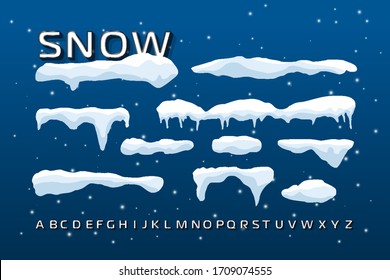 Snow caps, snowballs and snowdrifts are installed. Element of the winter decor. Vector illustration with brilliant text.