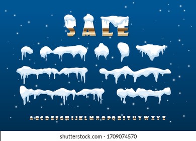 Snow caps, snowballs and snowdrifts are installed. Element of the winter decor. Vector illustration with Golden text and the inscription sale