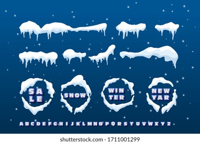 Snow caps, snowballs and snowdrifts are installed. Element of the winter decor. Vector illustration with text