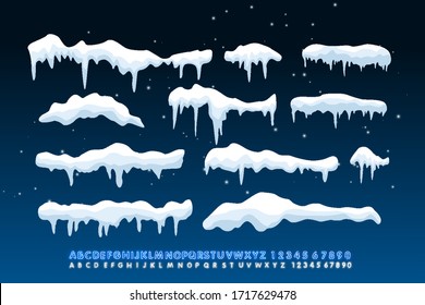 Snow caps, snowballs and snowdrifts are installed. Element of winter decor for design of banners, leaflets, postcards . Vector illustration with neon alphabet style.