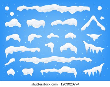 Snow caps, snowballs and snowdrifts set. Snow cap vector collection. Winter decoration element. Snowy elements on winter background. Cartoon template. Snowfall and snowflakes in motion. Illustration.