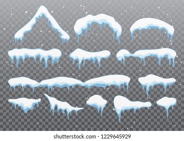 Snow caps, snowballs and snowdrifts set. Snow cap vector collection. Winter decoration element. Snowy elements on winter background. Cartoon template. Snowfall and snowflakes in motion. Illustration.