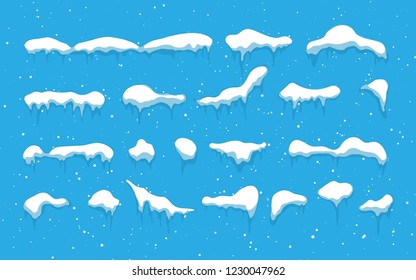 Snow caps, snowballs and snowdrifts set. Snow cap vector collection. Winter decoration element. Snowy elements on winter background. Cartoon template. Illustration.