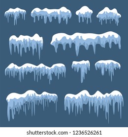 Snow caps, snowballs and snowdrifts set. Snow cap vector collection. Winter decoration element. Snowy elements on winter background. Cartoon template. Snowfall and snowflakes in motion. Illustration.
