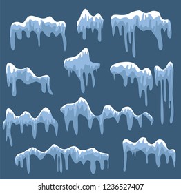Snow caps, snowballs and snowdrifts set. Snow cap vector collection. Winter decoration element. Snowy elements on winter background. Cartoon template. Snowfall and snowflakes in motion. Illustration.
