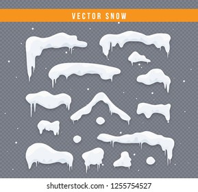 Snow caps, snowballs and snowdrifts set. Snow cap vector collection. Winter decoration element. Snowy elements on winter background. Cartoon template. Snowfall and snowflakes in motion. Illustration