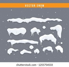 Snow caps, snowballs and snowdrifts set. Snow cap vector collection. Winter decoration element. Snowy elements on winter background. Cartoon template. Snowfall and snowflakes in motion. Illustration