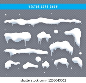 Snow caps, snowballs and snowdrifts set. Snow cap vector collection. Winter decoration element. Snowy elements on winter background. Cartoon template. Snowfall and snowflakes in motion. Illustration.