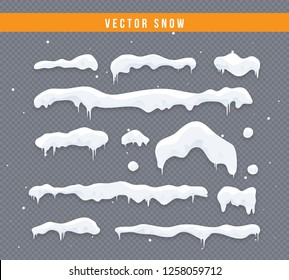 Snow caps, snowballs and snowdrifts set. Snow cap vector collection. Winter decoration element. Snowy elements on winter background. Cartoon template. Snowfall and snowflakes in motion. Illustration.