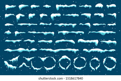 Snow caps, snowballs and snowdrifts set. Snow cap vector collection. Winter decoration element. Snowy elements on winter background. Cartoon template. Illustration.