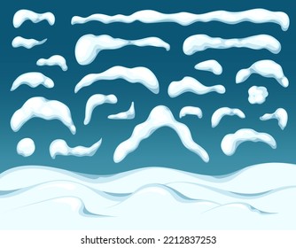 Snow caps, snowballs, snowdrifts set. Winter decor element. Christmas window, roof, chimney etc. Cartoon flat decoration with icicles isolated on blue. Vector illustration