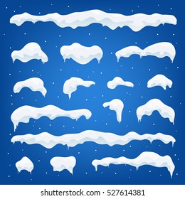 Snow caps, snowballs and snowdrifts set. Snow cap vector collection. Winter decoration element. Snowy elements on winter background. Cartoon template. Snowfall and snowflakes in motion. Illustration.