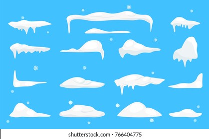 Snow caps, snowballs and snowdrifts set. Winter decoration element. Vector template in cartoon style for your design. Snowfall and snowflakes in motion.