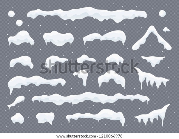 Snow caps, snowballs and snowdrifts set.\
Snow cap vector collection. Winter decoration element. Snowy\
elements on winter background. Cartoon template. Snowfall and\
snowflakes in motion.\
Illustration.