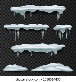 Snow caps. Snowcap, pile, icicles, isolated on background, transparent, ice, snowball and snowdrift. Snow elements.