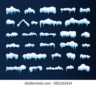 Snow caps. Snowdrifts and icicles, ice cap winter decoration. Winter design elements for banners, leaflets, postcards. Snowy elements in cartoon style on transparent background.