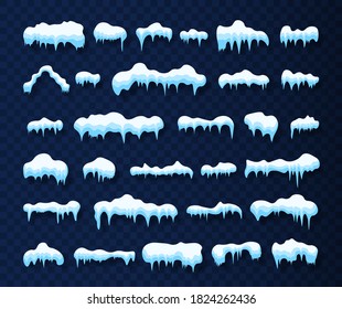 Snow caps. Snowdrifts and icicles, ice cap winter decoration. Winter design elements for banners, leaflets, postcards. Snowy elements in cartoon style on transparent background.