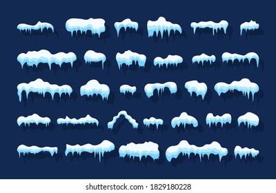 Snow caps. Snowdrifts and icicles, ice cap winter decoration. Winter design elements for banners, leaflets, postcards. Snowy elements in cartoon style on blue background.