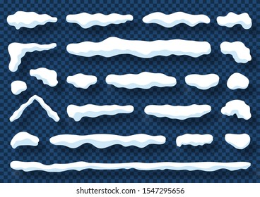 Snow caps and snowdrifts isolated on transparent background. Set of white snow caps and piles with icy texture. Vector