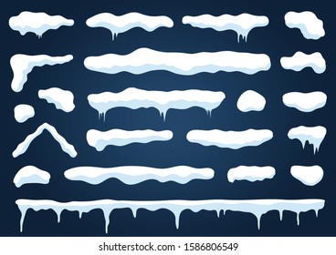 Snow caps and snowdrifts isolated on blue background. Set of white snow caps with icicles and piles with icy texture. Vector